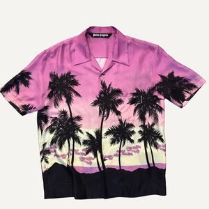 Palm Angels Silk Camp Collar Shirt Palm Tree Sunset Print Pink EU 48 M Men's